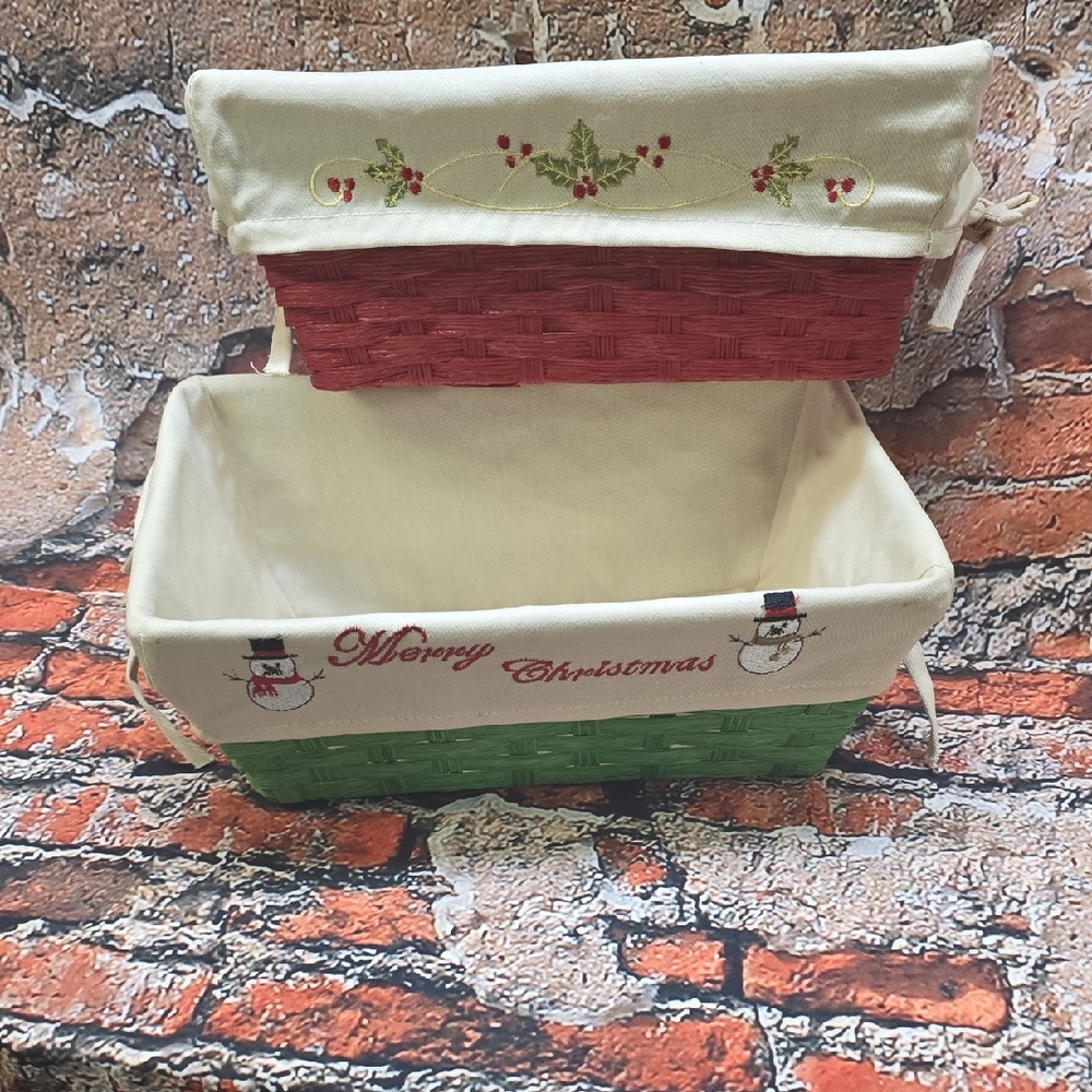 Festive Christmas Basket Duo with Embroidered Snowmen And Holly Leaves